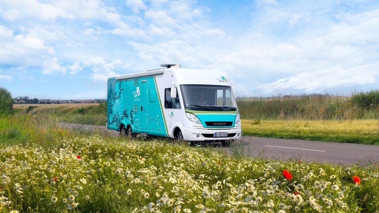 Ein weiß-blauer Bus fährt auf einer schmalen Landstraße durch eine grüne Landschaft mit Blumenwiese im Vordergrund und bewölktem Himmel im Hintergrund.