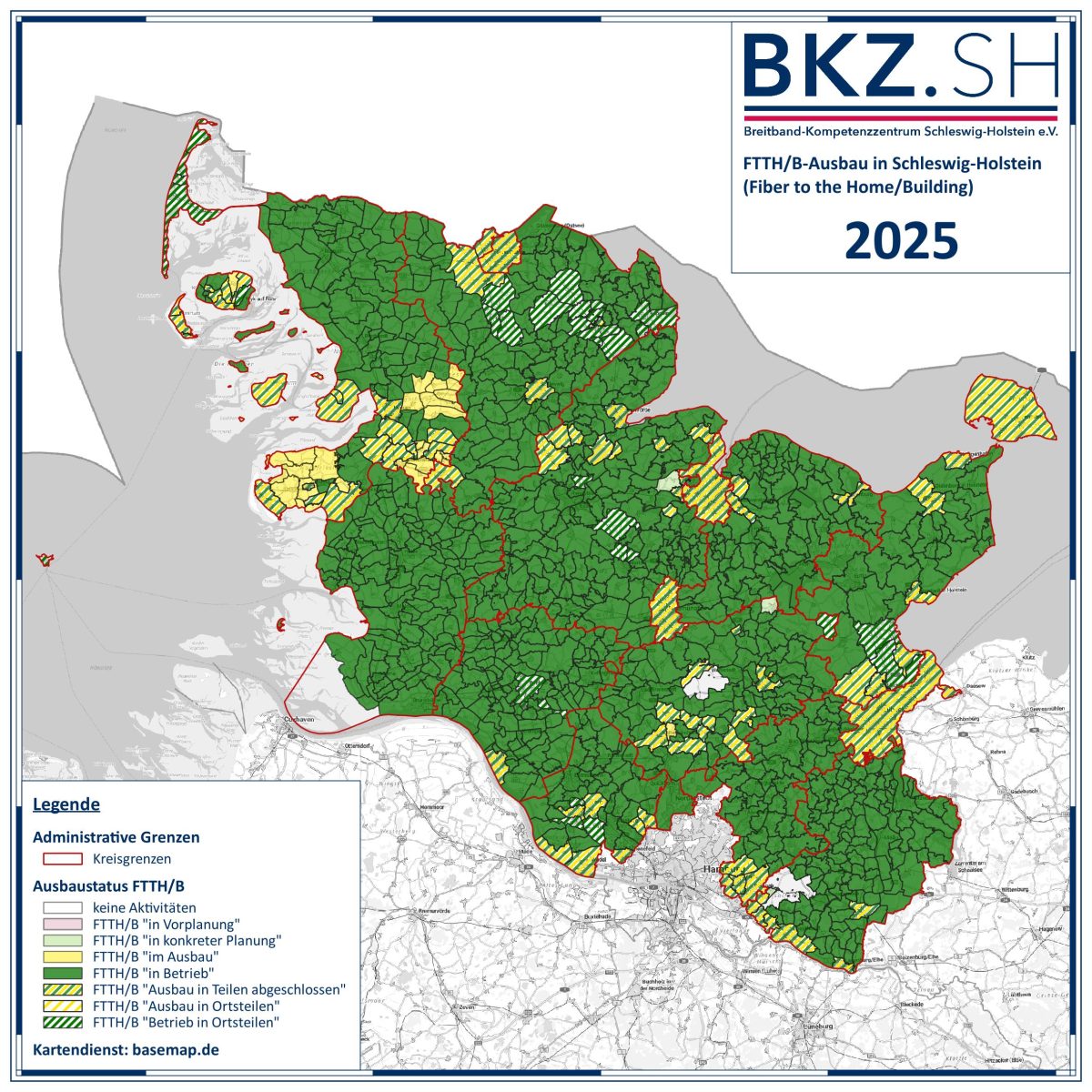 Beim Glasfaserausbau bleibt der echte Norden auf der Deutschlandkarte ganz oben: Mit aktuell 84 Prozent anschlussfähiger Hausadressen konnte das Land im Vergleich zum Vorjahr nochmal um sieben Prozent zulegen und verteidigt damit deutlich seine Position als Länderprimus – weit vor Hamburg (77 %) und Niedersachsen (63 %).
