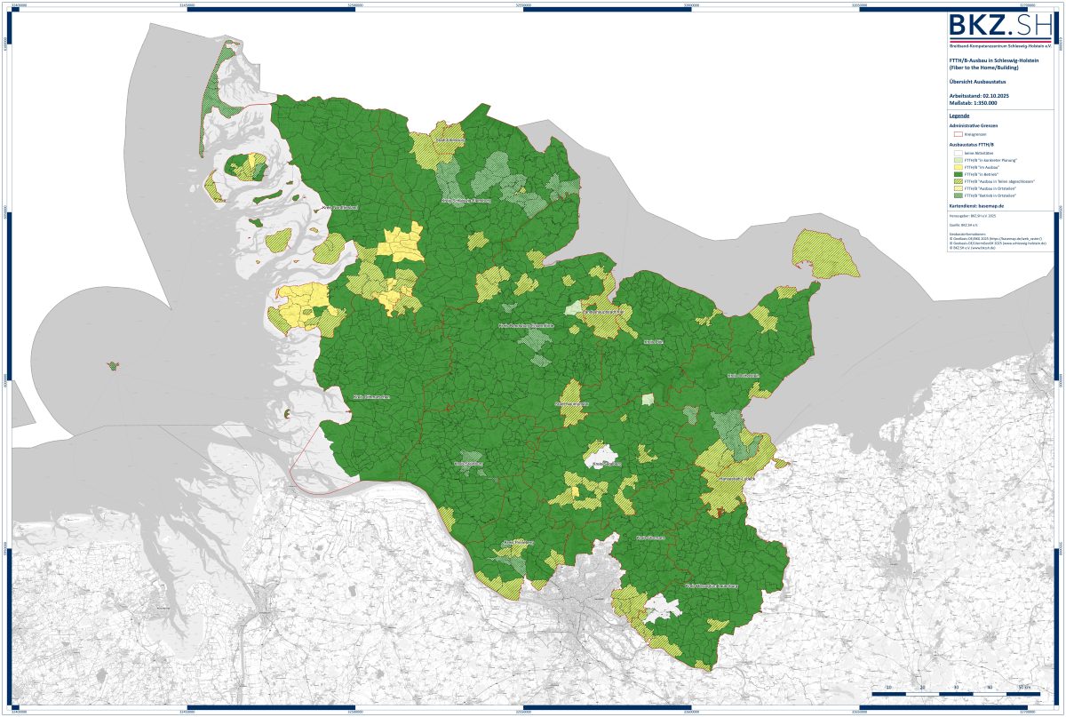Beim Glasfaserausbau bleibt der echte Norden auf der Deutschlandkarte ganz oben: Mit aktuell 84 Prozent anschlussfähiger Hausadressen konnte das Land im Vergleich zum Vorjahr nochmal um sieben Prozent zulegen und verteidigt damit deutlich seine Position als Länderprimus – weit vor Hamburg (77 %) und Niedersachsen (63 %).
