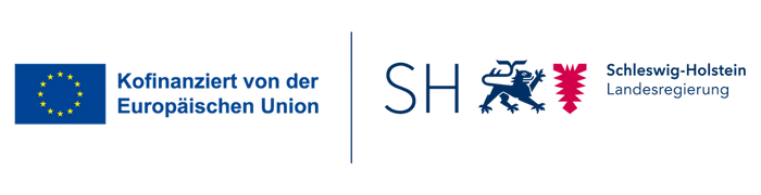 Logos der Europäischen Union und des Landes Schleswig-Holstein neben dem Text "Gefördert von der Europäischen Union" und "Schleswig-Holstein. Der echte Norden".