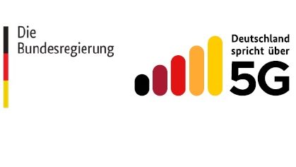 Das Bild zeigt das Logo der Bundesregierung mit einem stilisierten Bundesadler und den Schriftzug "Die Bundesregierung" links sowie eine Grafik mit Balken und den Schriftzug "Deutschland spricht über 5G" rechts.