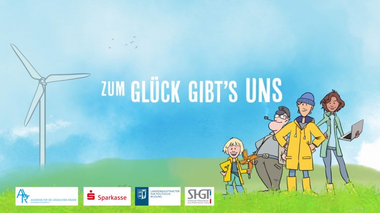 Eine Gruppe von Cartoon-Personen steht auf einer Wiese; darunter ein Kind mit Tierschädel, ein Mann mit Tablett, eine Frau mit Hund und ein Mann mit blauem Helm. Im Hintergrund ein Windrad und der Text "Zum Glück gibt's uns".
