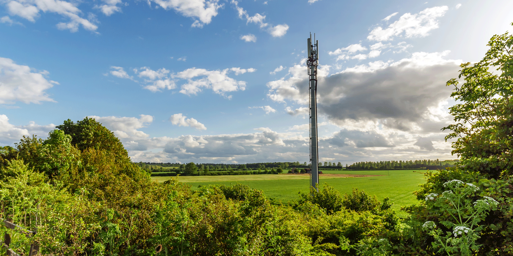 Ein Mobilfunkmast steht auf einem Feld unter einem Himmel mit verstreuten weißen Wolken. Umgeben von grünen Büschen und Bäumen erstreckt sich die Landschaft in die Ferne.