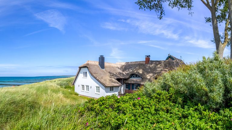 Ein weißes Haus mit Reetdach steht inmitten grüner Dünenlandschaft. Im Hintergrund erstreckt sich das blaue Meer unter einem klaren, wolkigen Himmel. Rechts im Bild steht ein Baum.