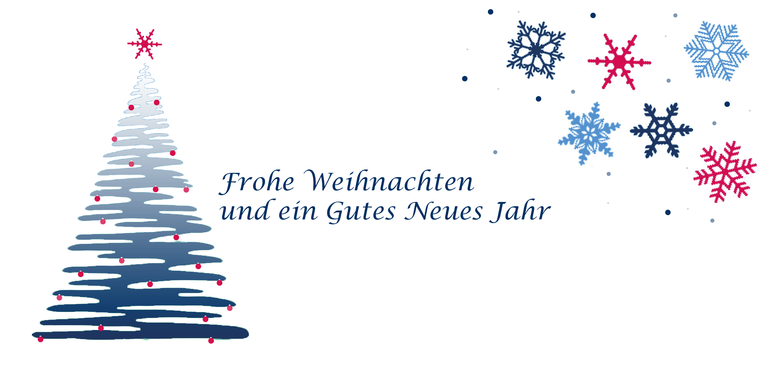 Ein stilisierter Weihnachtsbaum aus geschwungenen blauen Linien mit roten Kugeln steht links. Rechts daneben steht "Frohe Weihnachten und ein Gutes Neues Jahr" in blauer Schrift. Oben rechts sind Schneeflocken in Blau und Rot.