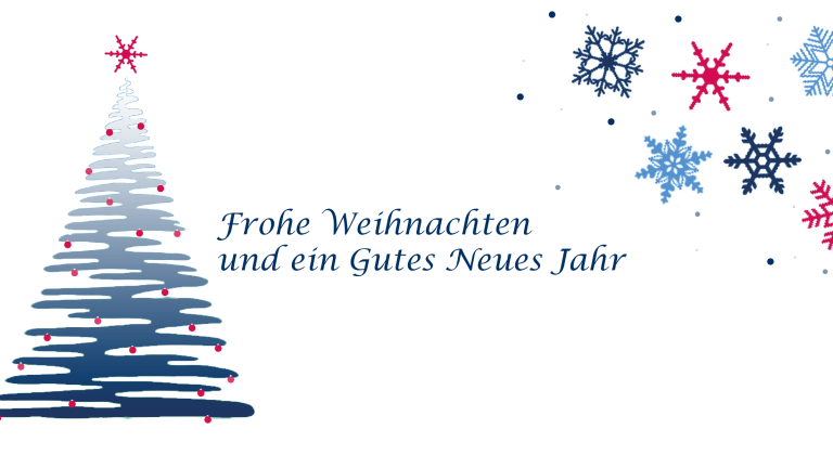 Ein stilisierter Weihnachtsbaum aus geschwungenen blauen Linien mit roten Kugeln steht links. Rechts daneben steht "Frohe Weihnachten und ein Gutes Neues Jahr" in blauer Schrift. Oben rechts sind Schneeflocken in Blau und Rot.